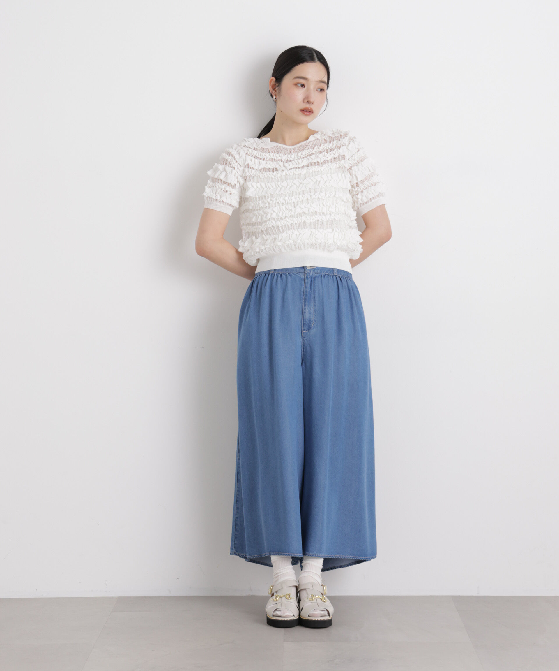 nano･universe「テンセルデニムギャザーワイドパンツ(セットアップ可)」|チノ|