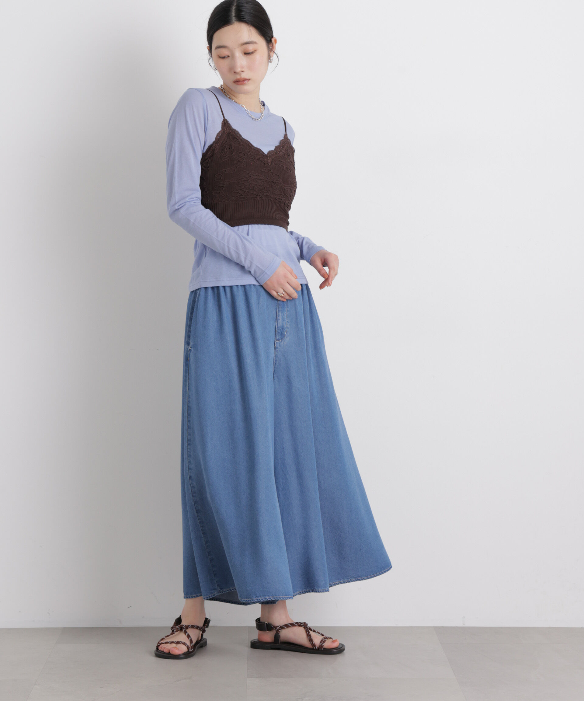 nano･universe「テンセルデニムギャザーワイドパンツ(セットアップ可)」|チノ|