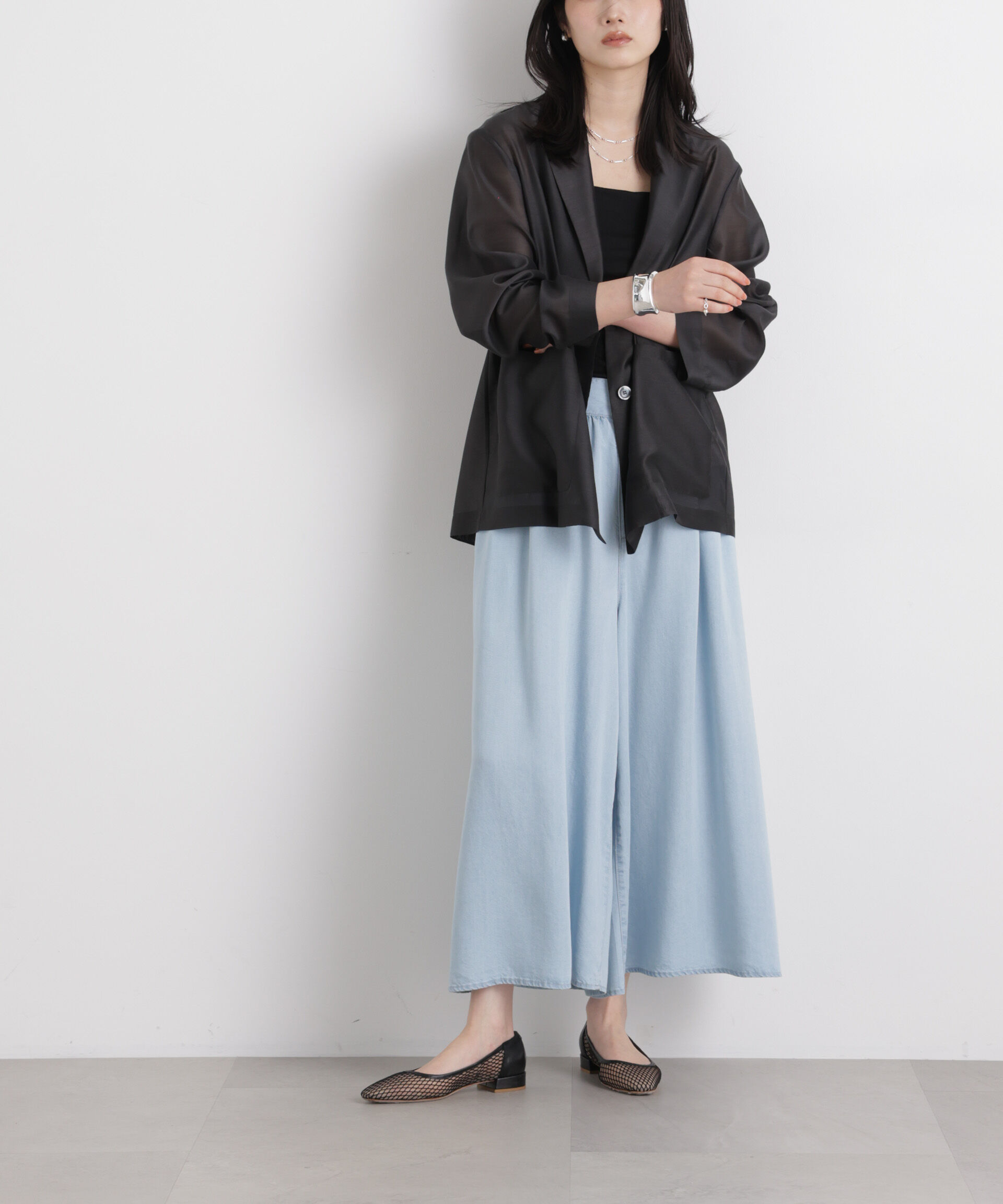 nano･universe「テンセルデニムギャザーワイドパンツ(セットアップ可)」|チノ|L.ブルー1