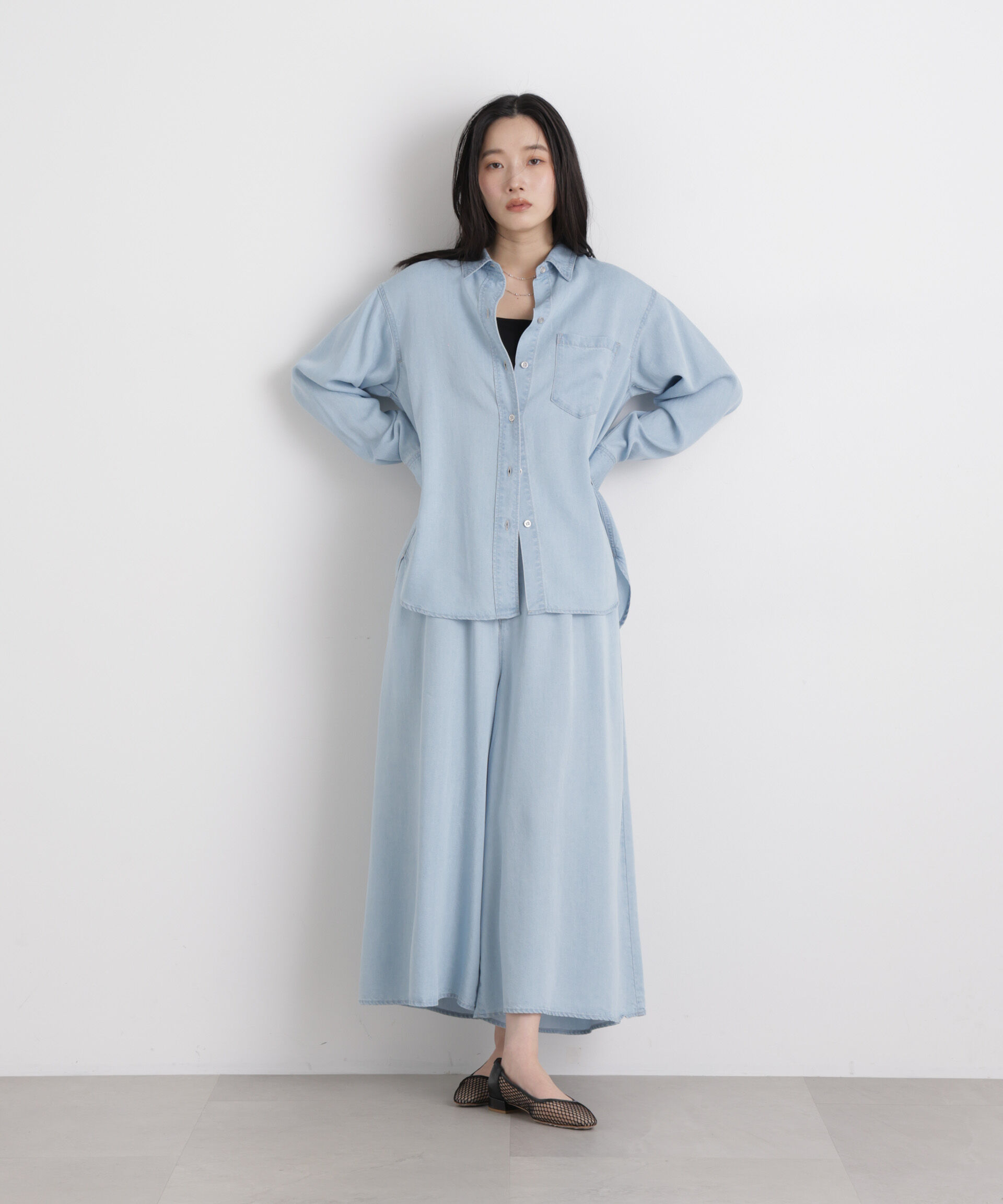 nano･universe「テンセルデニムギャザーワイドパンツ(セットアップ可)」|チノ|