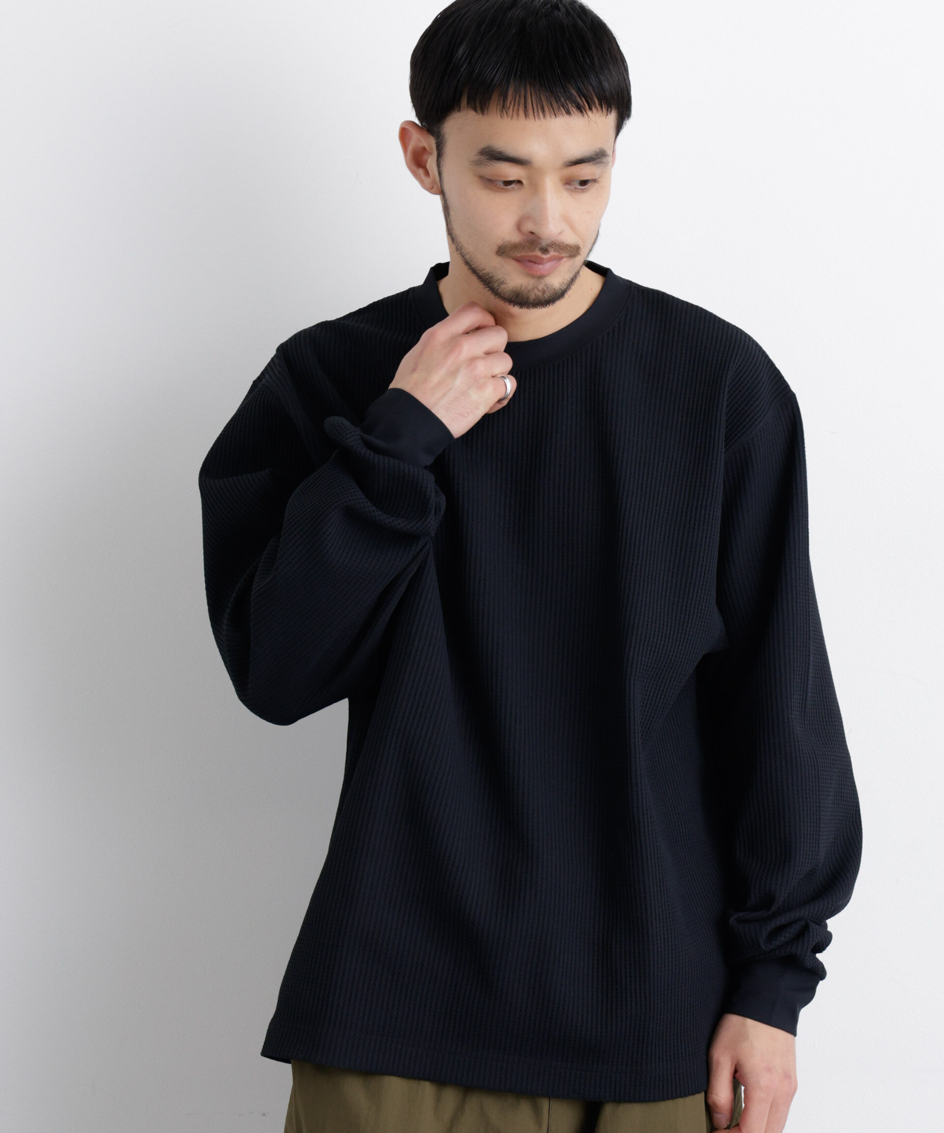 nano･universe「ワッフルプルオーバーTシャツ 長袖」|Tシャツ・カットソー|ブラック