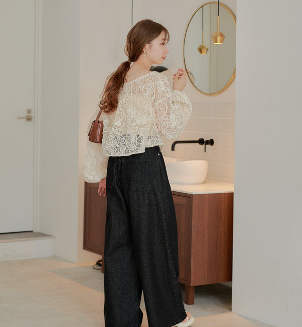  「【3サイズ】デニムタックワイドパンツ」|デニム|