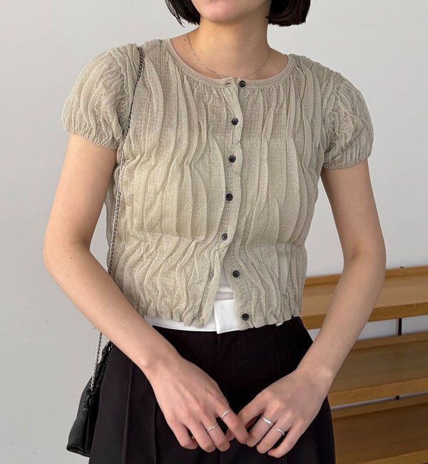  「シャーリング半袖カーディガン」|カーディガン|ベージュ