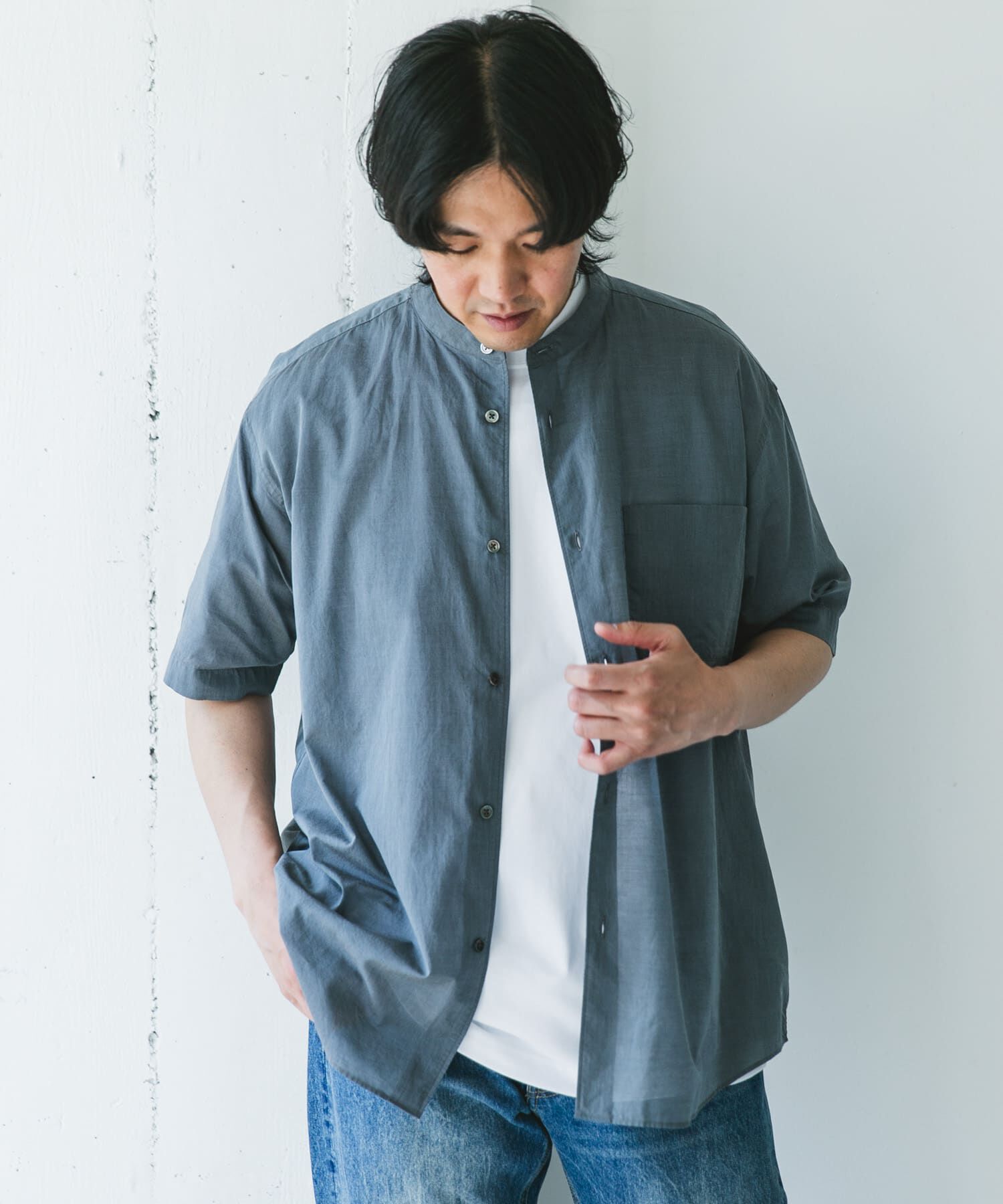 URBAN RESEARCH DOORS「玉虫シャンブレー バンドカラーシャツ」|シャツ・ブラウス|