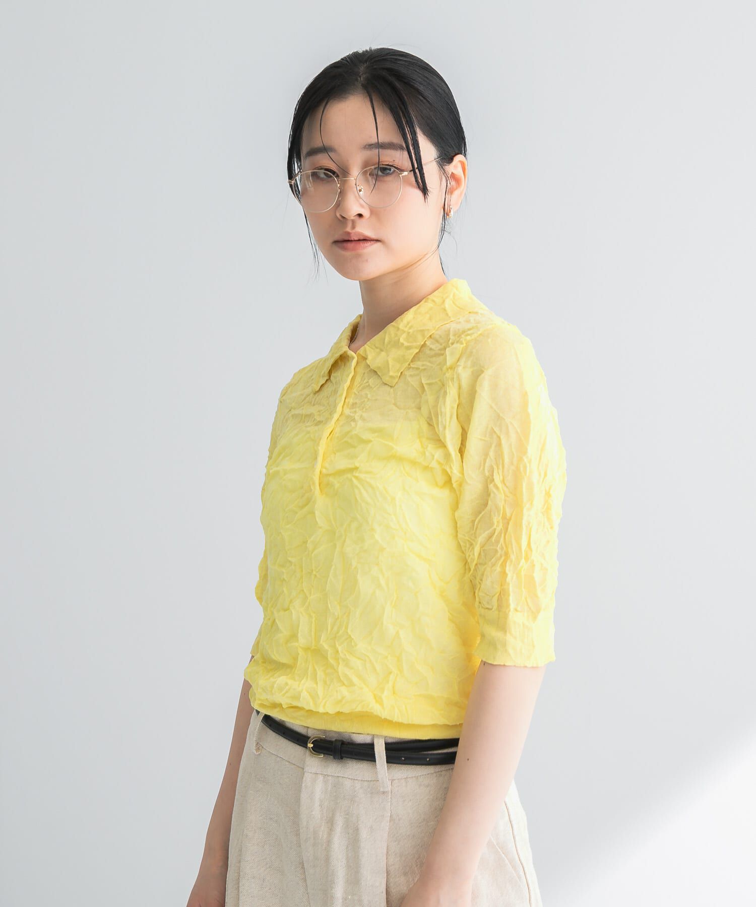 URBAN RESEARCH「new basic　リネン混ワッシャーシャツカラーニット」|ニット・セーター|イエロー