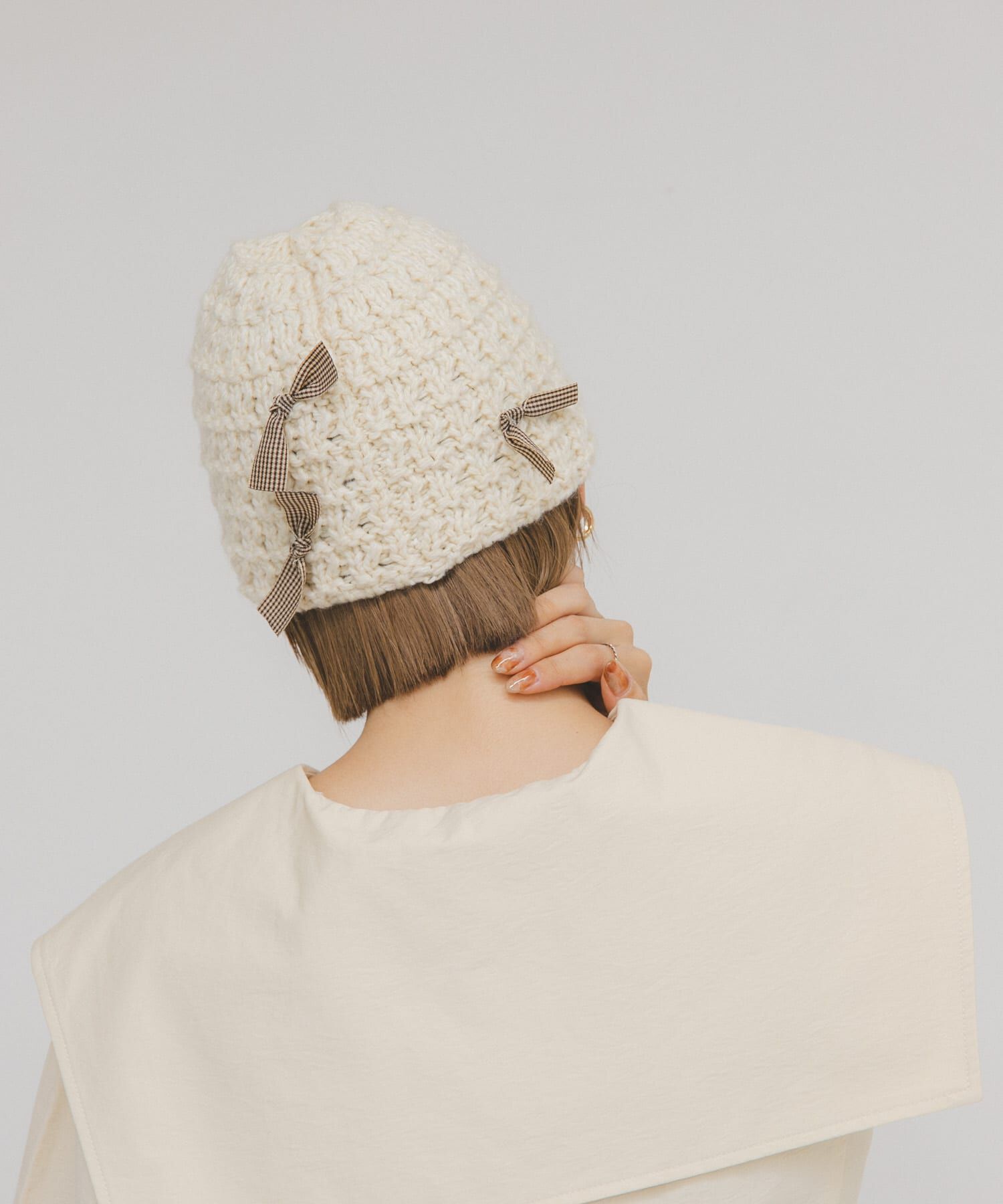  「チェックリボンニットビーニー」|ニット帽|アイボリー