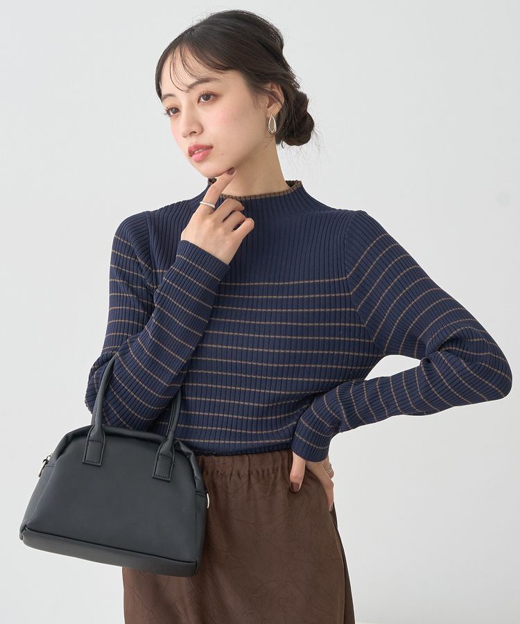 earth music&ecology「ハイネックリブニットプルオーバー」|ニット・セーター|ボーダーネイビー