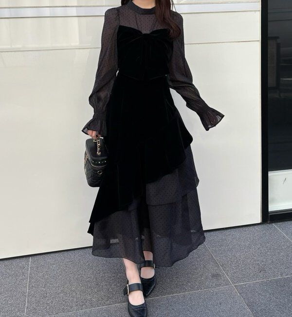  「ベロアリボン異素材ロングワンピース」|ワンピース|