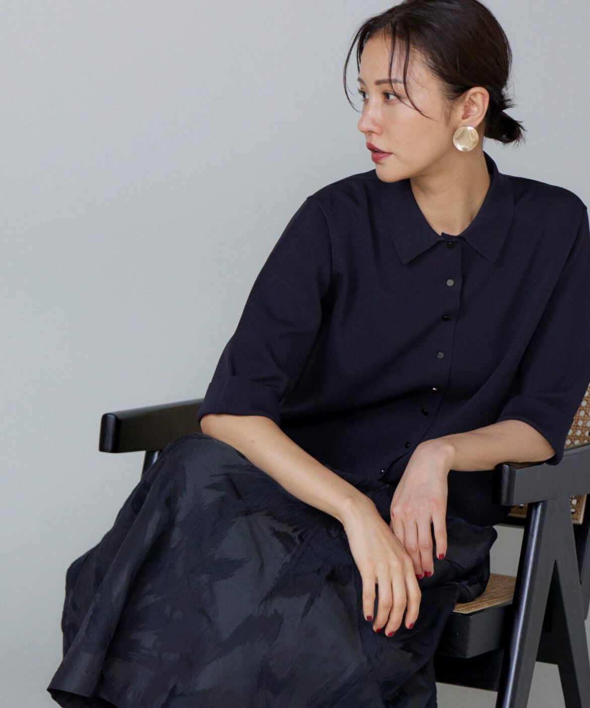 Le Souk「《大きいサイズ》ミラノリブ衿付きプルオーバー」|ニット・セーター|ネイビー