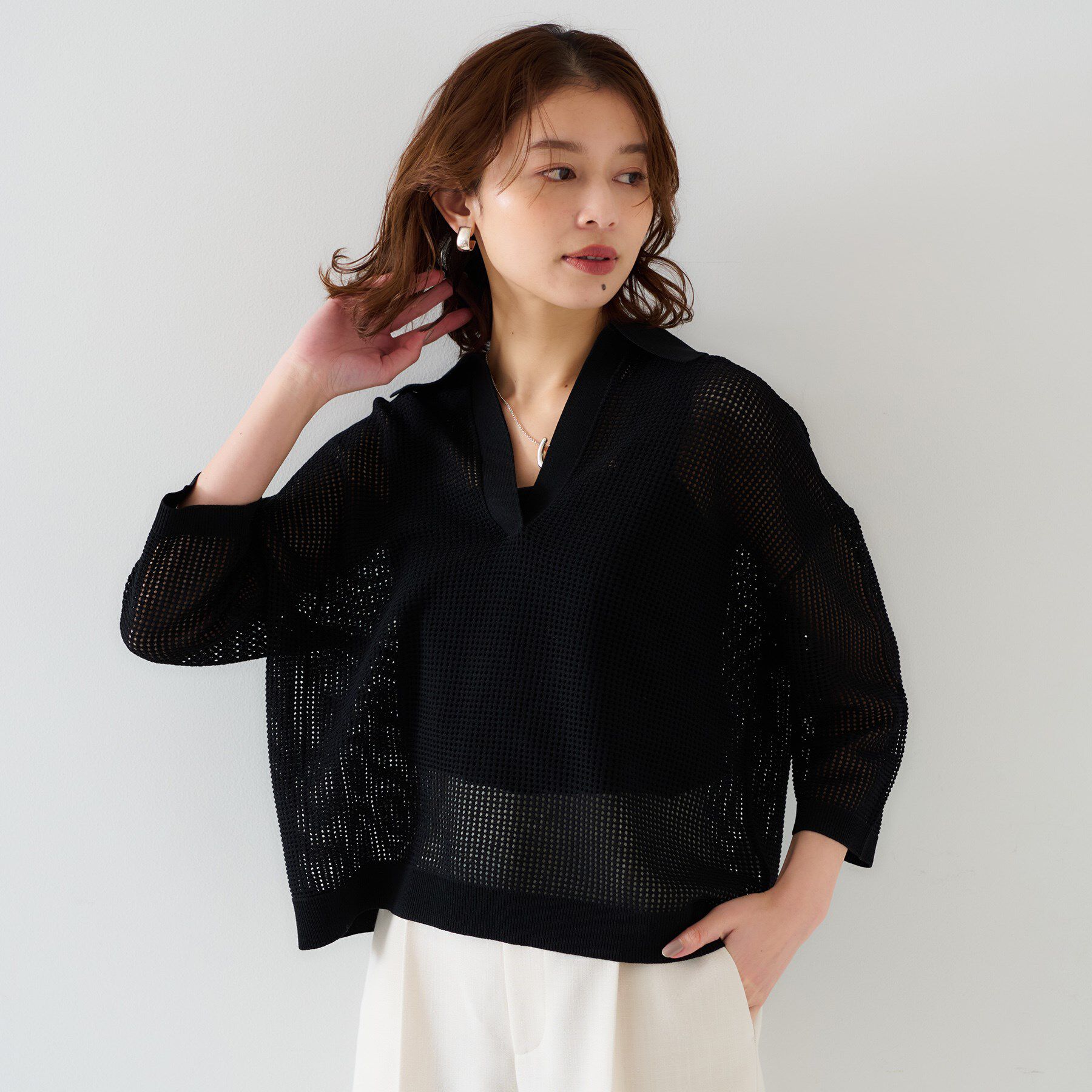 UNTITLED「【七分袖/春夏素材】メッシュ衿付きニット」|ニット・セーター|