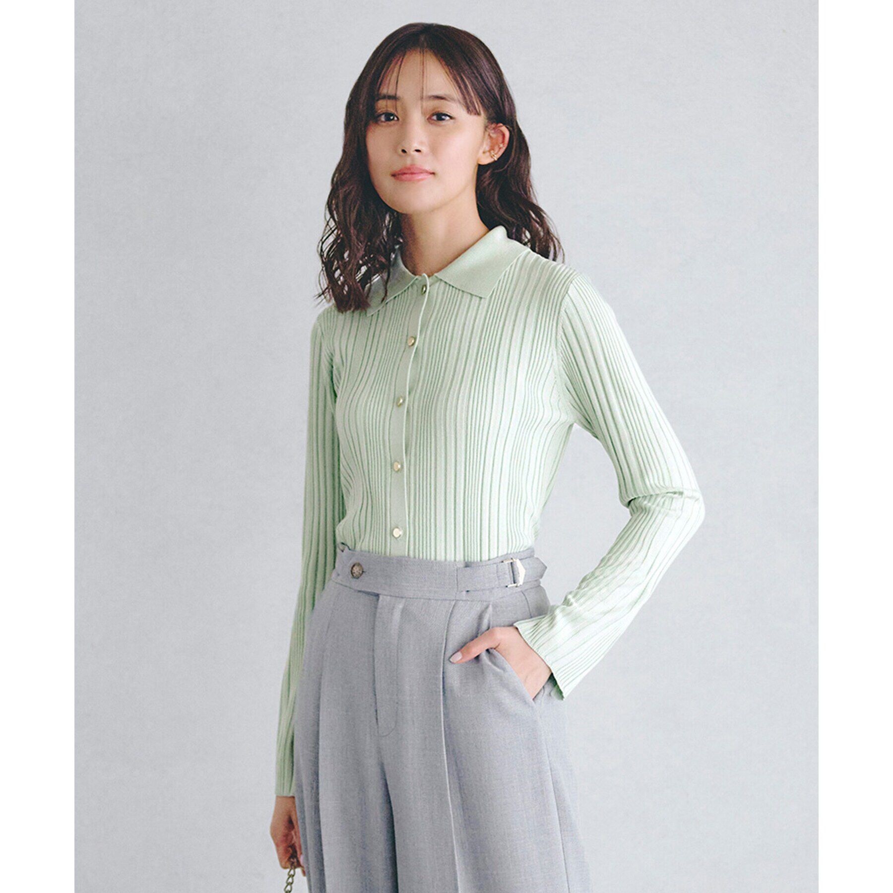 grove「ワイドリブポロニット」|ニット・セーター|ライトグリーン(02