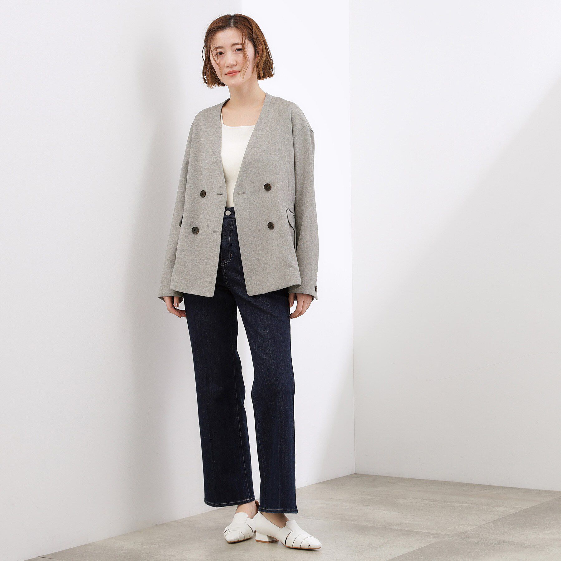 grove「【貴島明日香さん着用】リネンライクカラーレスジャケット」|ノーカラージャケット|