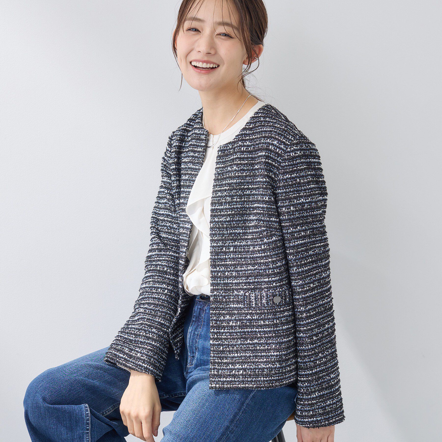 INDIVI「【セレモニー／洗える】ミックスツイードライトジャケット」|ノーカラージャケット|ネイビー(494)