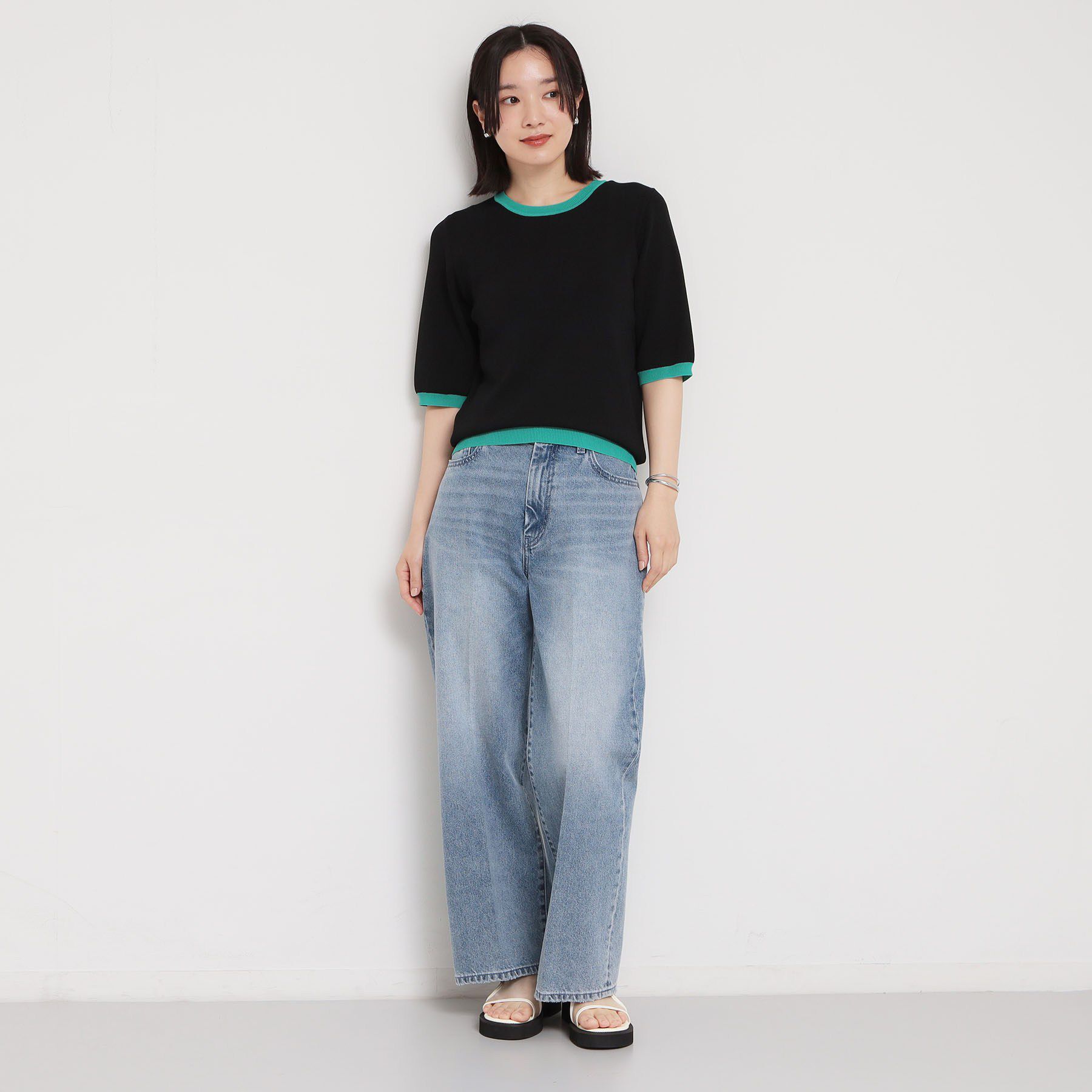 THE SHOP TK「【接触冷感/洗濯機OK/毛玉になりにくい/UV】さりげないラインで品よく映える 配色5分袖トップス」|ニット・セーター|