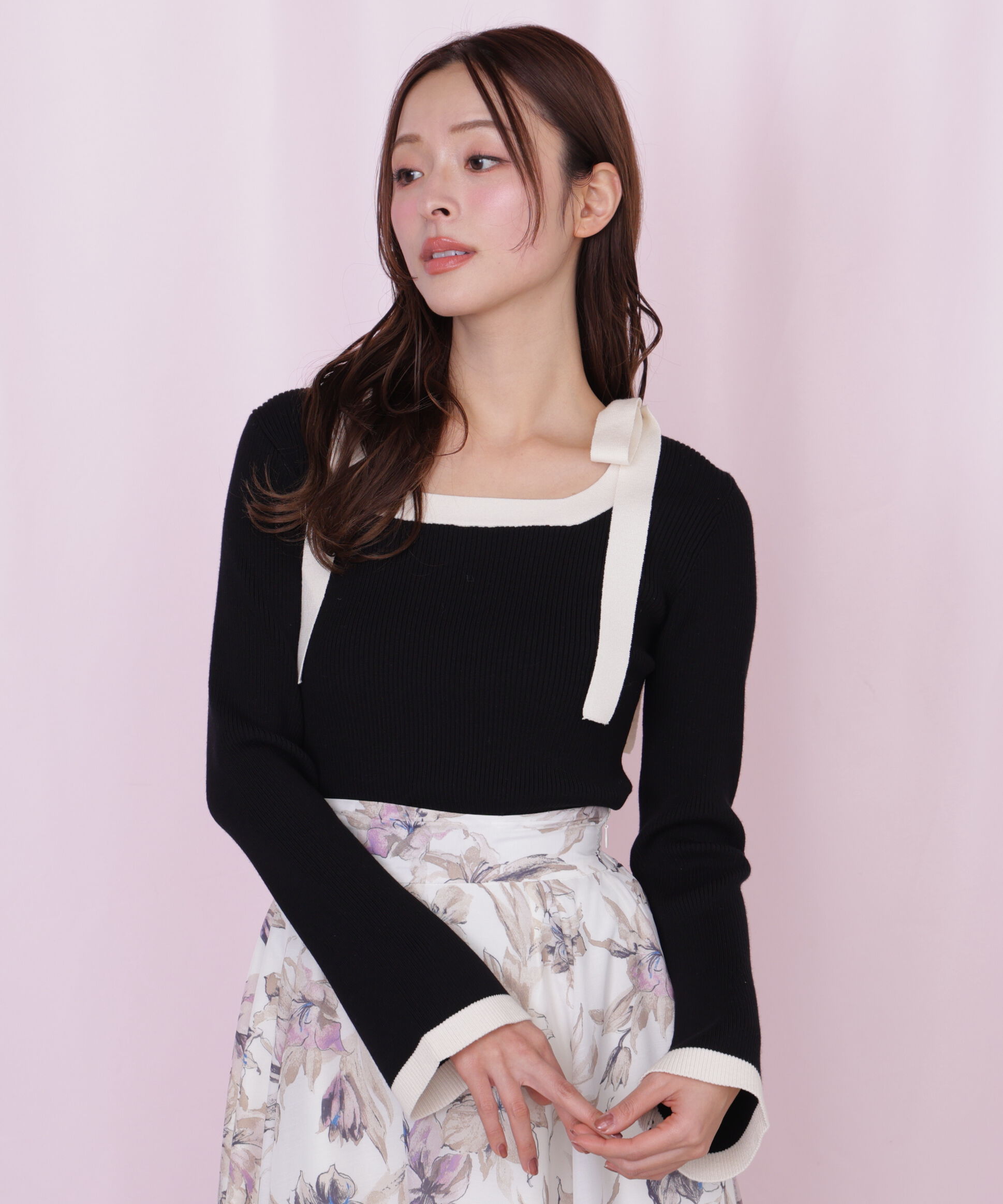  「肩リボン配色ニット」|ニット・セーター|