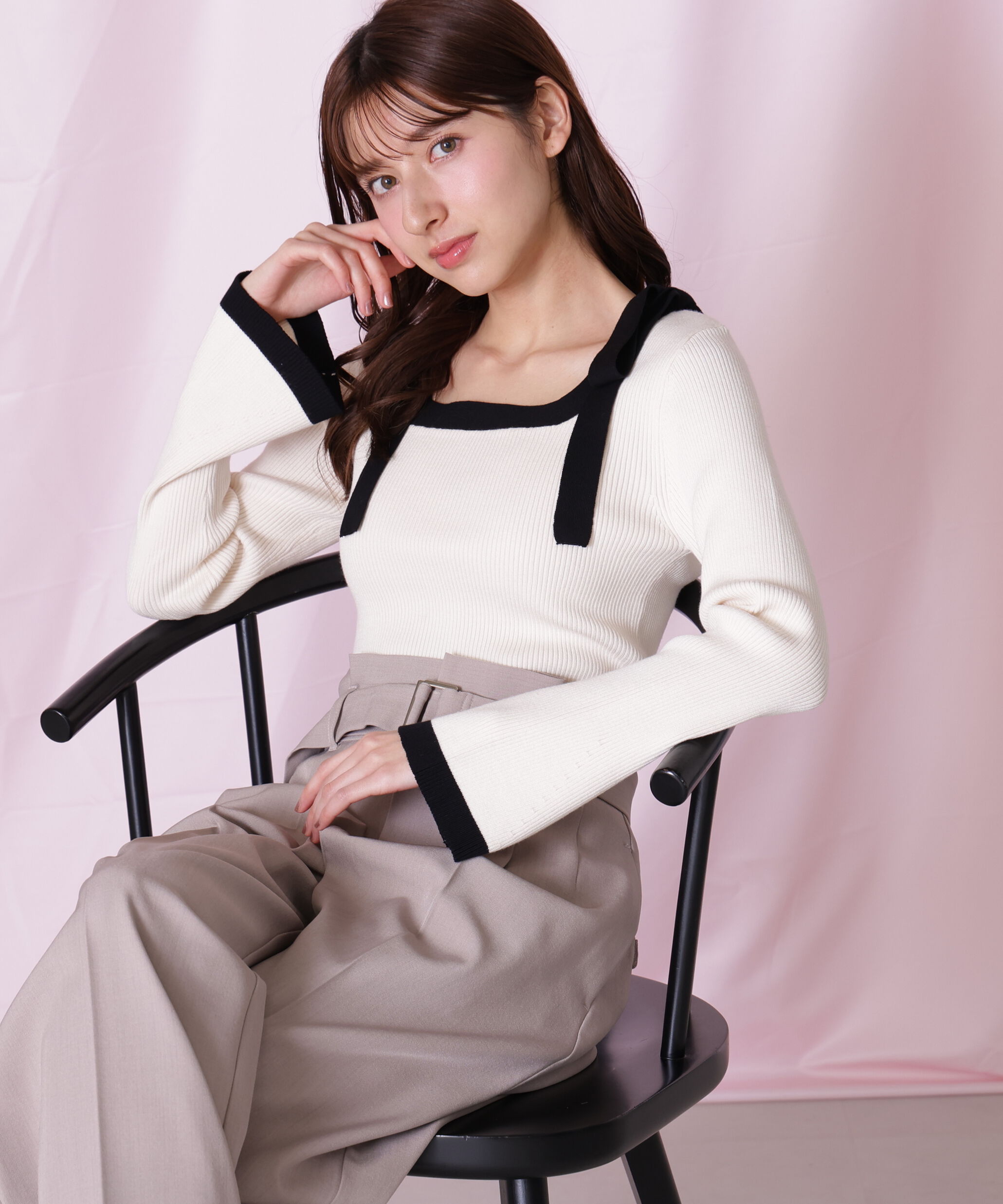  「肩リボン配色ニット」|ニット・セーター|