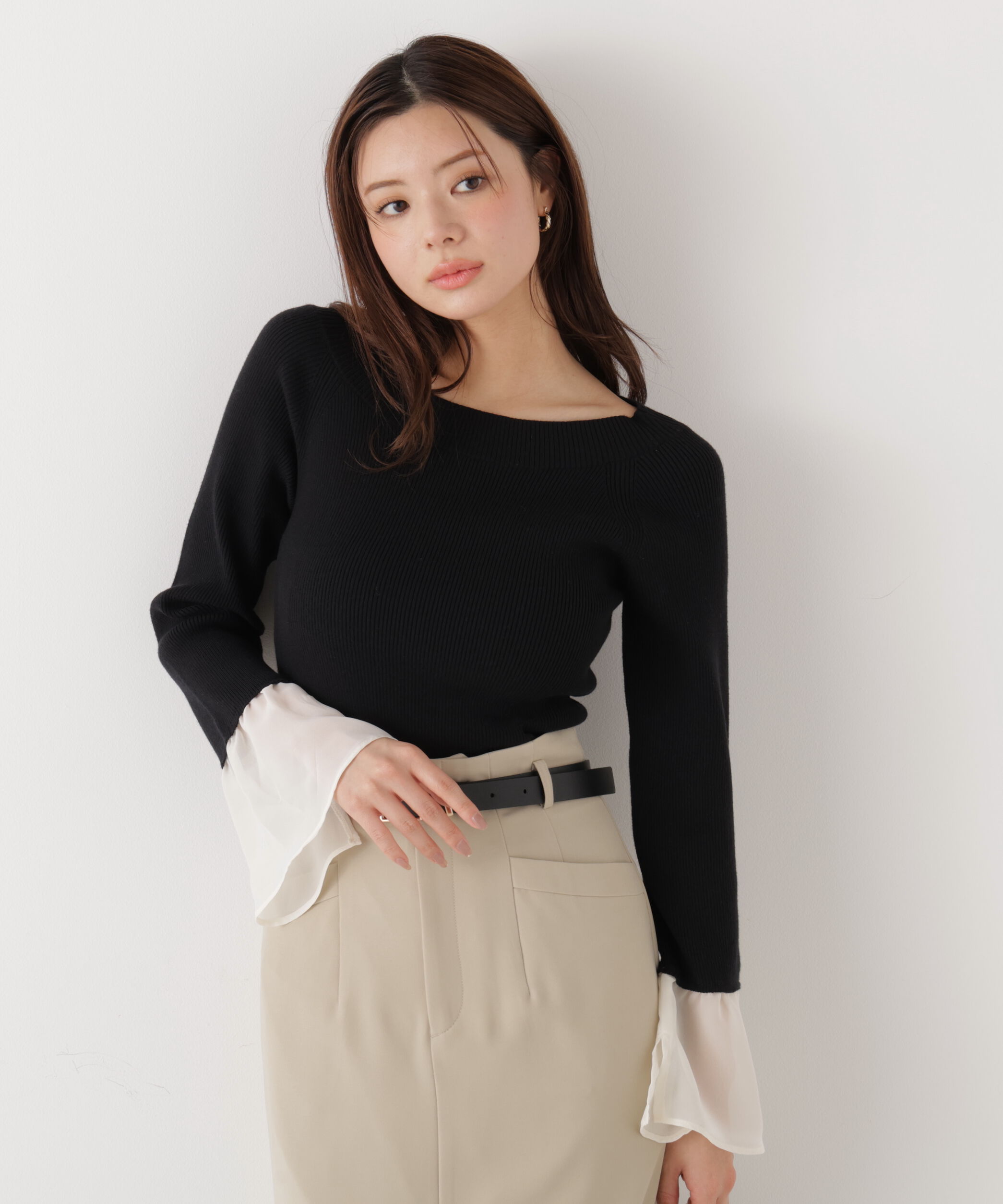 PROPORTION BODY DRESSING「シアー切り替えスリーブニット　26SS」|ニット・セーター|ブラック&times;エク