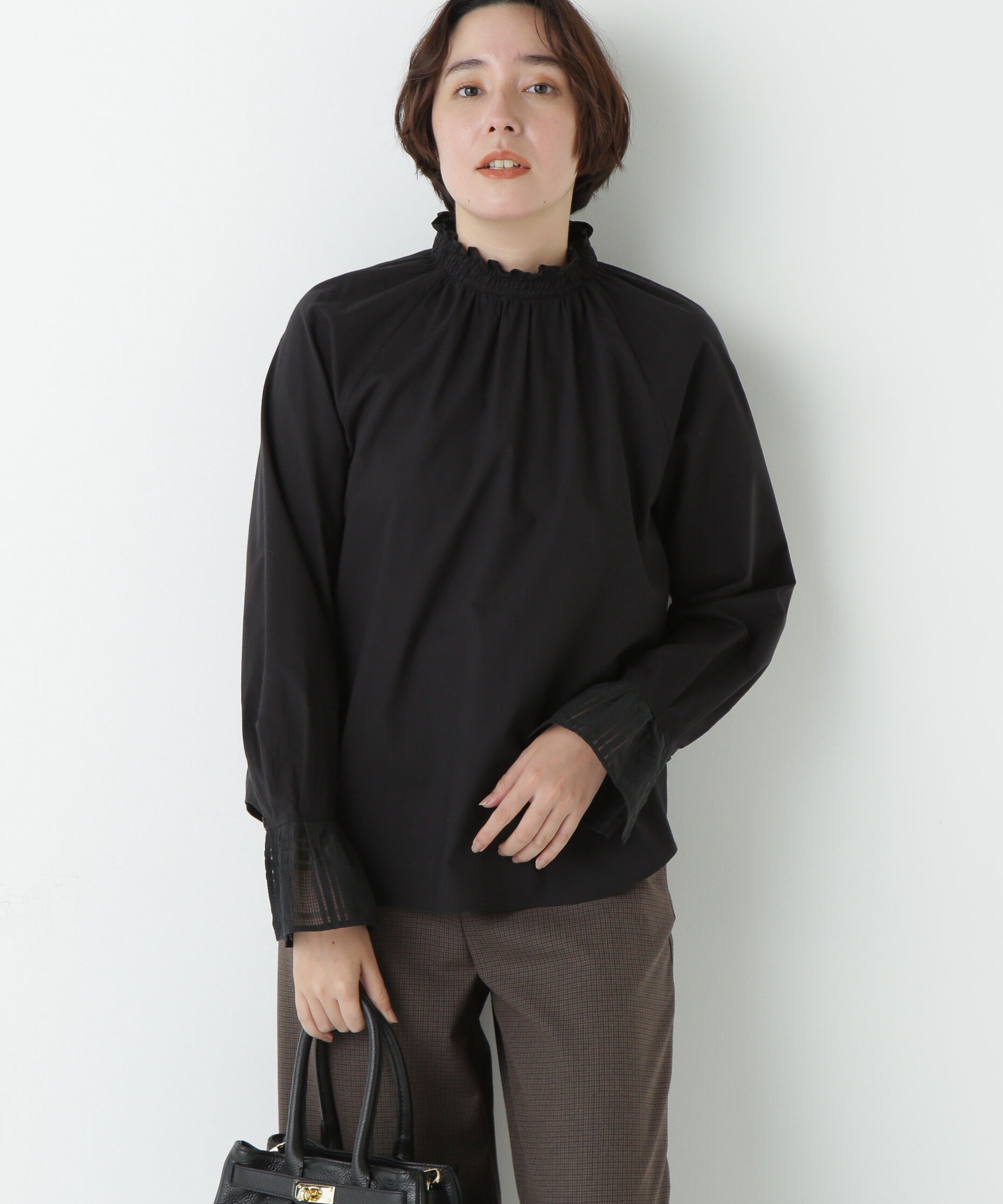  「袖チェックジャガードブラウス」|シャツ・ブラウス|ブラック