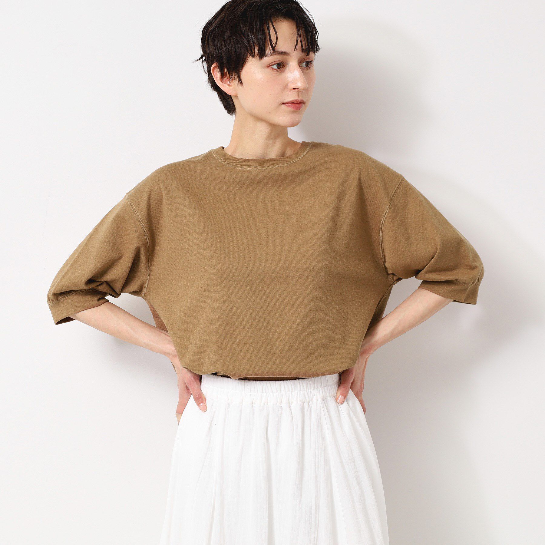 Dessin「【360度可愛い・洗える】バックヘンリーカットソー（5分袖/XS～L）」|Tシャツ・カットソー|