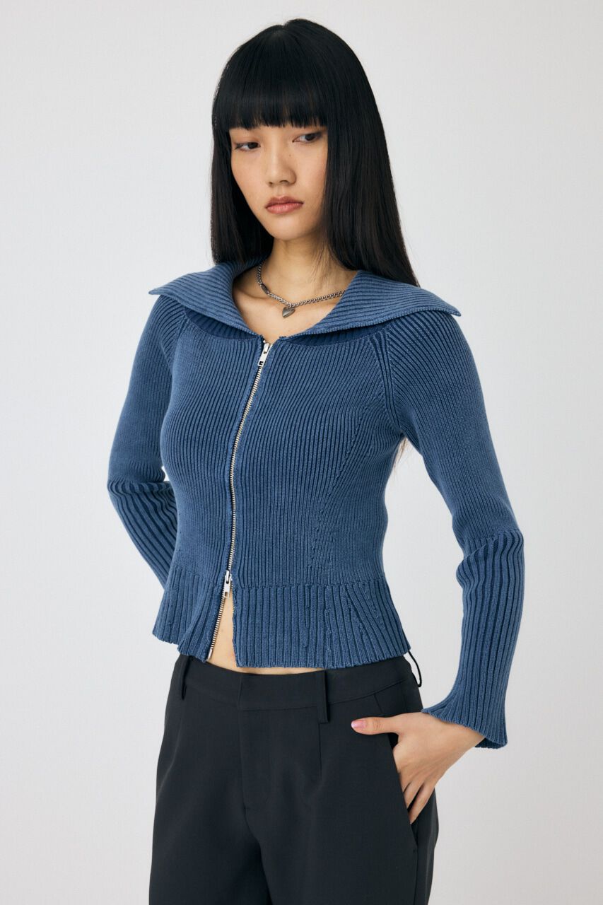 MOUSSY「BIG COLLAR ZIP UP ニットトップス」|ニット・セーター|BLU