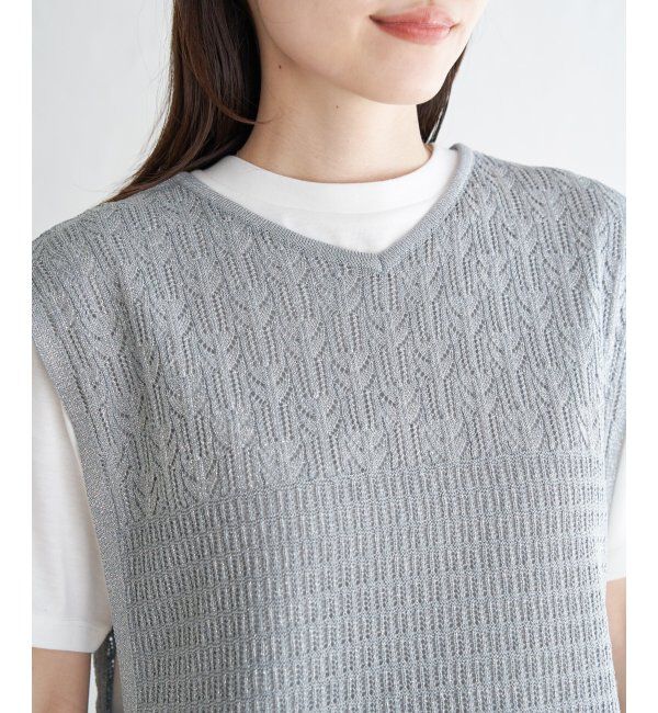 ikka「【2点セット】透かし編みラメニットベストアンサンブル」|ニット・セーター|