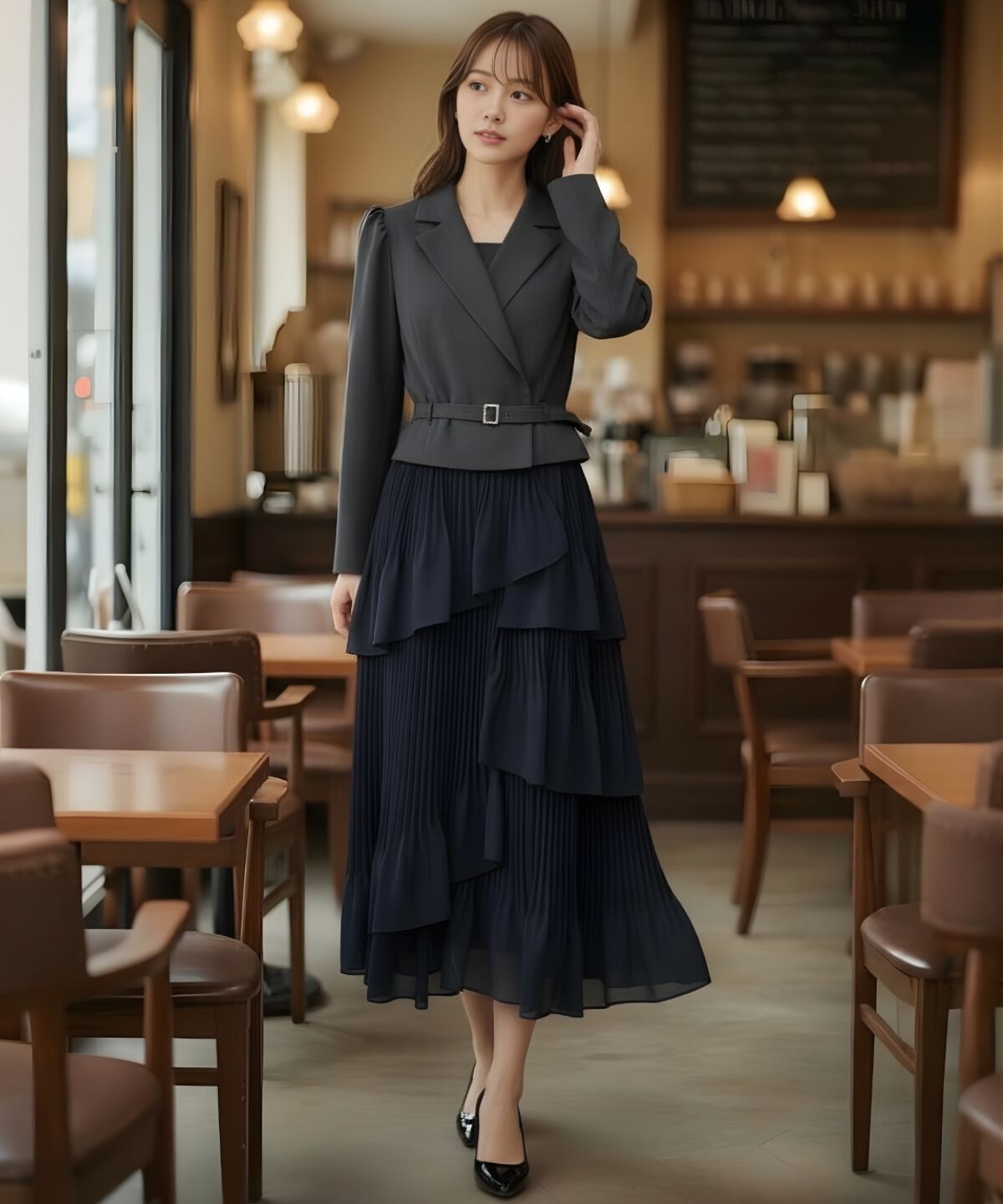 アンドクチュール「ジャケットレイヤードプリーツワンピース」|ワンピース|