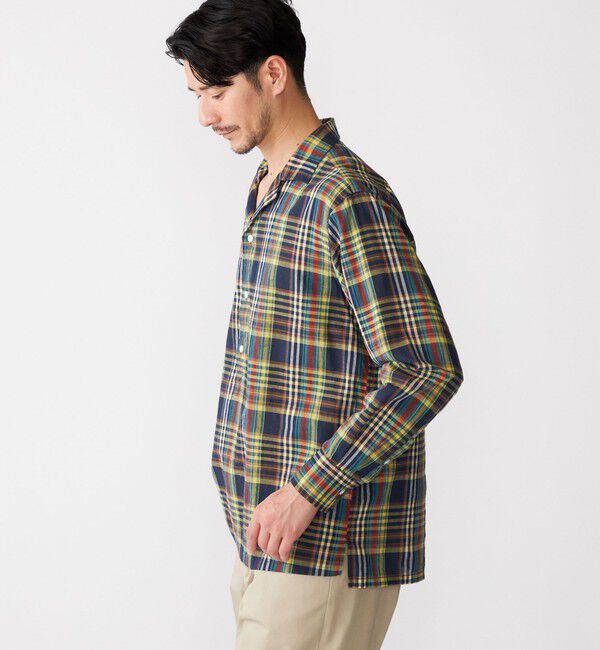 SHIPS「SHIPS: オープンカラー コットン リネン マドラスチェック プルオーバー シャツ ブルー」|シャツ・ブラウス|