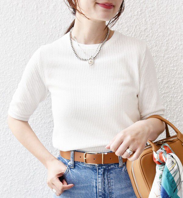 SHIPS for women「〈手洗い可能〉コットン ナイロン リブ ニット TEE」|ニット・セーター|オフホワイト