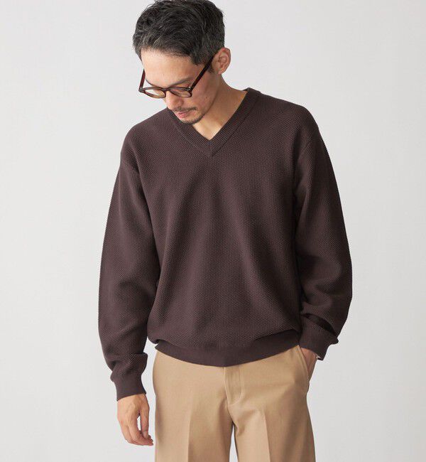 SHIPS「SHIPS:〈洗濯機可能〉SOLOTEX(R) コットン ピケ Vネック ニット」|ニット・セーター|ブラウン
