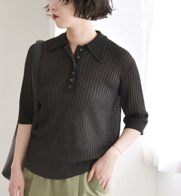 quaranciel「quaranciel:〈手洗い可能〉シアー ラメ ポロ リブ ニット プルオーバー」|ニット・セーター|