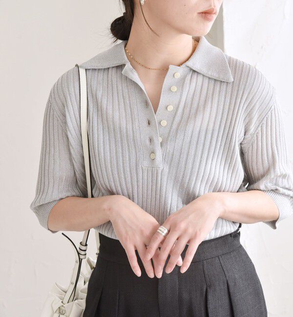 quaranciel「quaranciel:〈手洗い可能〉シアー ラメ ポロ リブ ニット プルオーバー」|ニット・セーター|