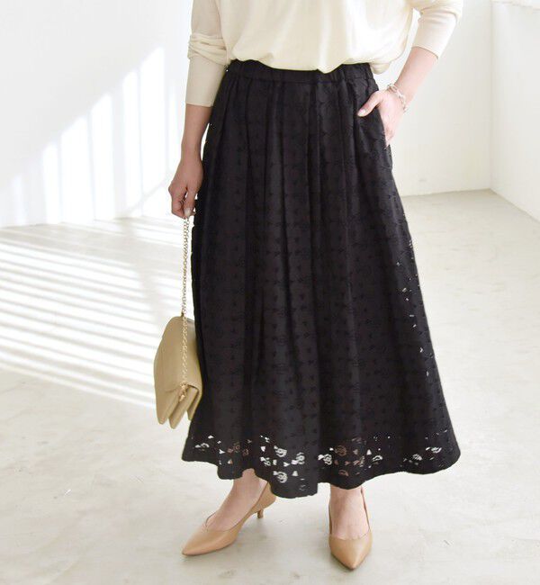 quaranciel「quaranciel:〈手洗い可能〉フラワー レース ランダム タック スカート」|スカート|ブラック