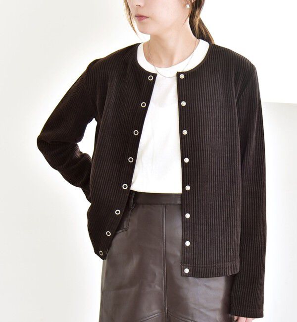 quaranciel「quaranciel:〈洗濯機可能〉ポリエステル ベロア リブ コンパクト スナップ カーディガン」|カーディガン|