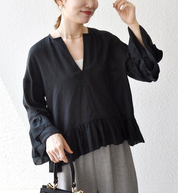 SHIPS any「SHIPS any:〈洗濯機可能〉コットン モス ラッフル フリル キーネック ブラウス」|シャツ・ブラウス|