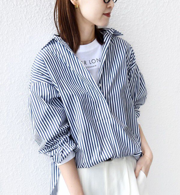 SHIPS for women「〈手洗い可能〉無地 / ストライプ サイド スリット スキッパー コットン シャツ」|シャツ・ブラウス|