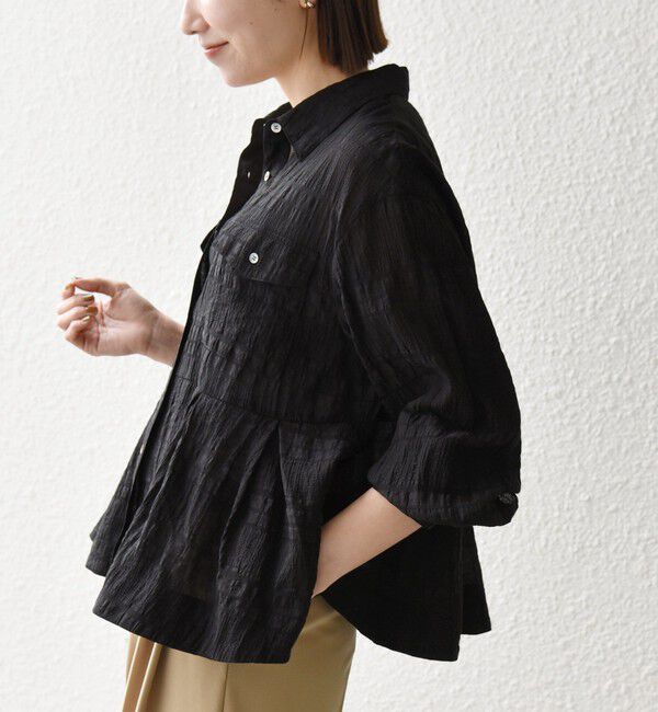 SHIPS any「《予約》SHIPS any:〈手洗い可能〉シアー チェック レギュラーカラー ペプラム シャツ」|シャツ・ブラウス|ブラック