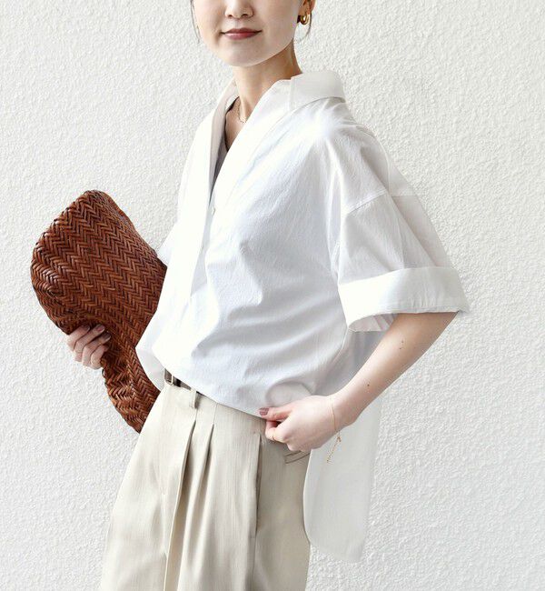 SHIPS for women「《予約》〈手洗い可能〉無地/ストライプ スキッパー サイド スリット 半袖 シャツ」|シャツ・ブラウス|オフホワイト