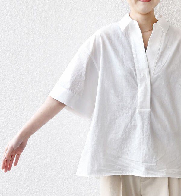 SHIPS for women「《予約》〈手洗い可能〉無地/ストライプ スキッパー サイド スリット 半袖 シャツ」|シャツ・ブラウス|