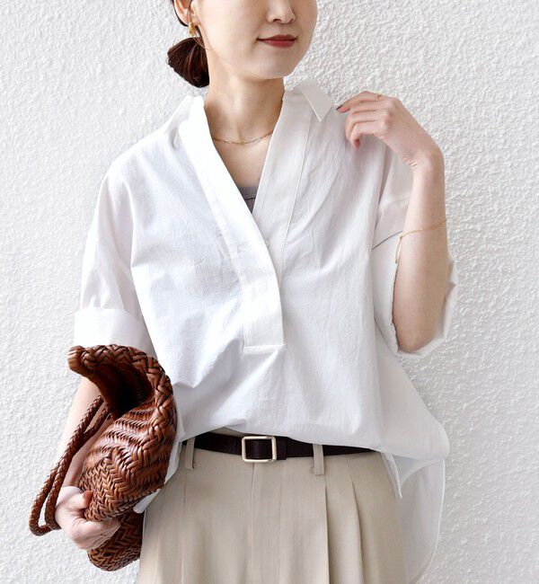 SHIPS for women「《予約》〈手洗い可能〉無地/ストライプ スキッパー サイド スリット 半袖 シャツ」|シャツ・ブラウス|