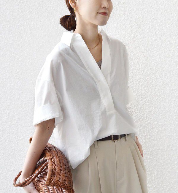 SHIPS for women「《予約》〈手洗い可能〉無地/ストライプ スキッパー サイド スリット 半袖 シャツ」|シャツ・ブラウス|