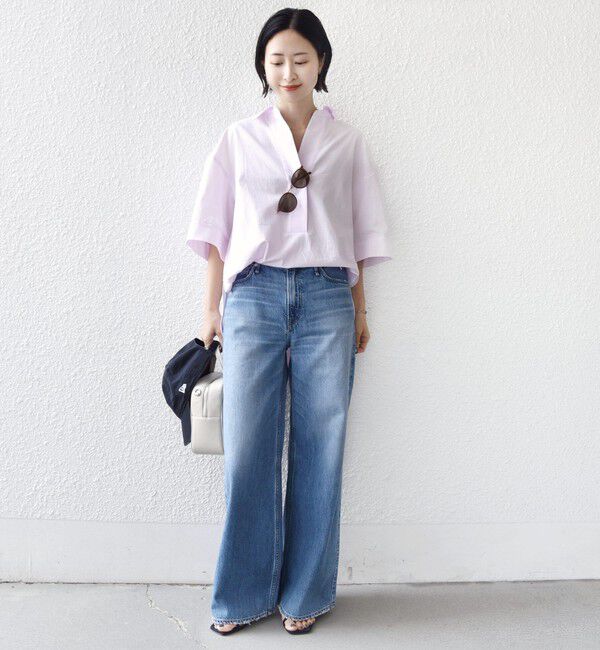 SHIPS for women「《予約》〈手洗い可能〉無地/ストライプ スキッパー サイド スリット 半袖 シャツ」|シャツ・ブラウス|