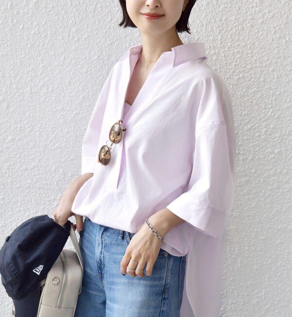 SHIPS for women「《予約》〈手洗い可能〉無地/ストライプ スキッパー サイド スリット 半袖 シャツ」|シャツ・ブラウス|