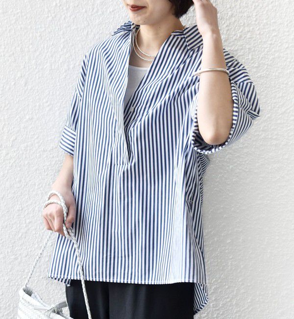 SHIPS for women「《予約》〈手洗い可能〉無地/ストライプ スキッパー サイド スリット 半袖 シャツ」|シャツ・ブラウス|ネイビー