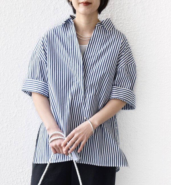 SHIPS for women「《予約》〈手洗い可能〉無地/ストライプ スキッパー サイド スリット 半袖 シャツ」|シャツ・ブラウス|
