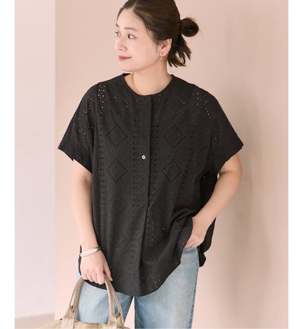 JOURNAL STANDARD「《予約》カットワークレースノーカラーブラウス」|シャツ・ブラウス|ブラック