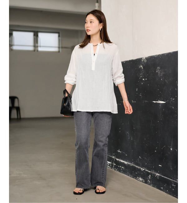 FRAMeWORK「≪予約≫LINENmixクレープヘンリーネックブラウス」|シャツ・ブラウス|