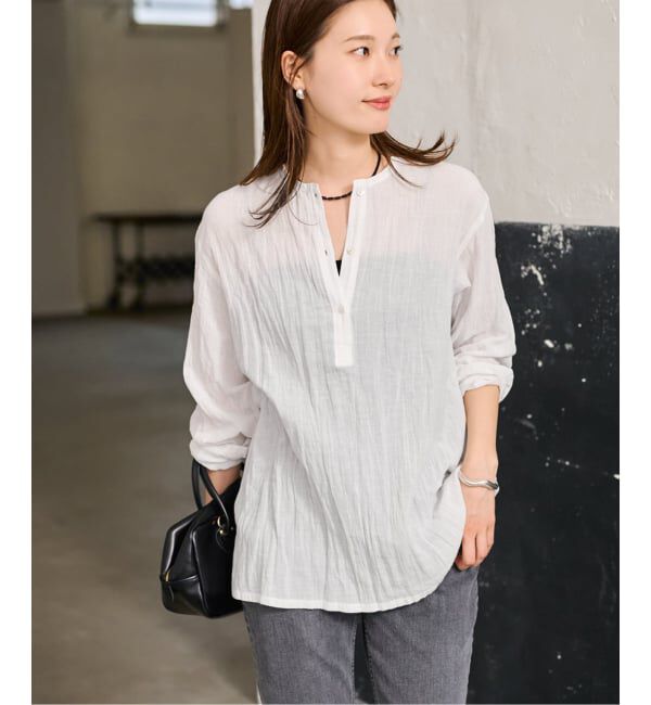 FRAMeWORK「≪予約≫LINENmixクレープヘンリーネックブラウス」|シャツ・ブラウス|