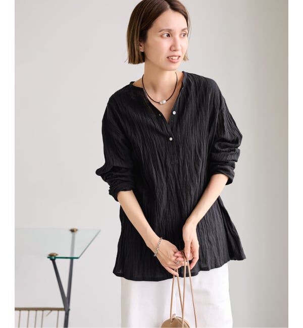 FRAMeWORK「≪予約≫LINENmixクレープヘンリーネックブラウス」|シャツ・ブラウス|