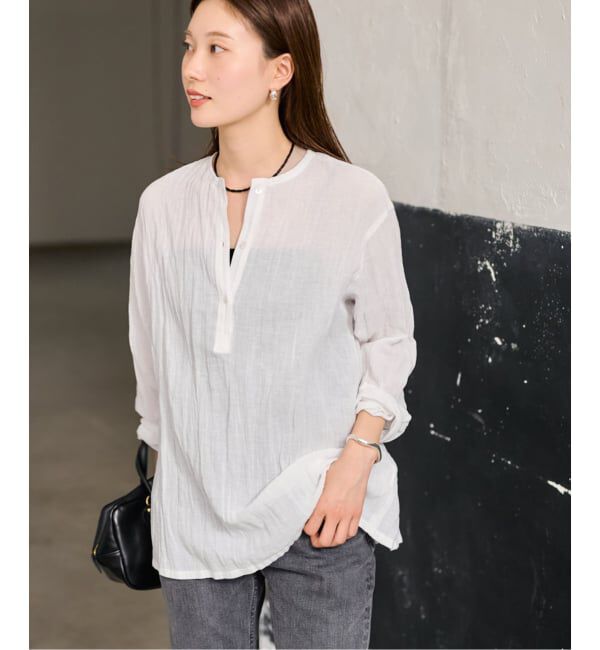 FRAMeWORK「≪予約≫LINENmixクレープヘンリーネックブラウス」|シャツ・ブラウス|ホワイト