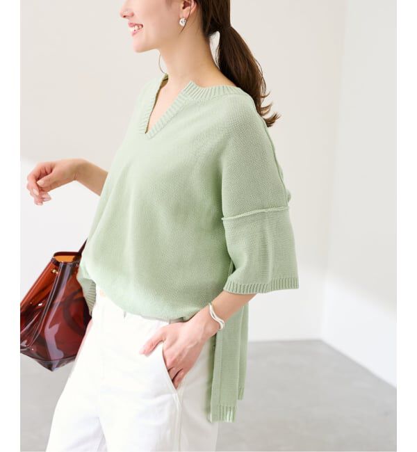 FRAMeWORK「≪追加予約≫裏天竺 キーネックプルオーバー」|ニット・セーター|グリーン B